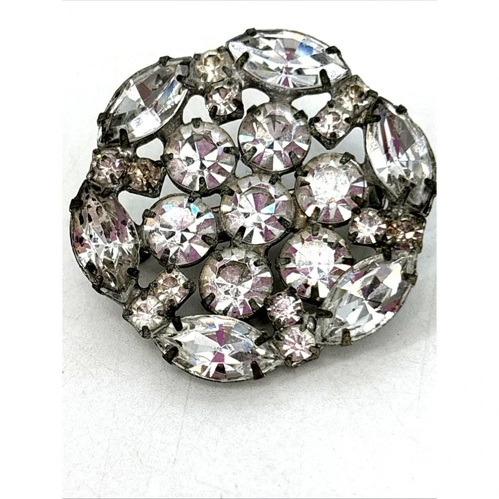 Vintage Faux Diamond Large Brooch Pin Clear Rhinestones Art‎ Deco Look Round
